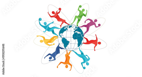 Global sports unity concept illustration of multi-country athletes in silhouette forming a circle around the world, promoting sport for development and peace on International Day of Sport