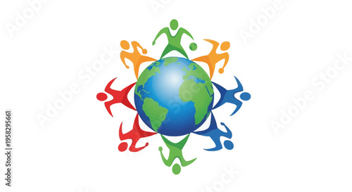 Illustration of a globe surrounded by diverse, silhouetted athletes in various colors, symbolizing global sports unity and peace