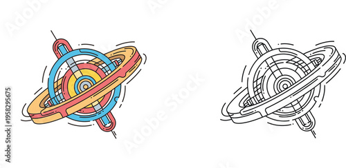 Gyroscopic mechanism or gyroscope physics experiment device vector illustration with coloring page version