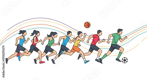 Vector illustration of diverse athletes running and playing soccer for sport and peace on International Day of Sport for Development and Peace with a global sports unity concept