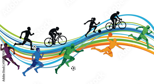 Illustration of multi-country athletes in various sports, symbolizing global sports unity and peace on International Day of Sport for Development and Peace with colorful infographic elements
