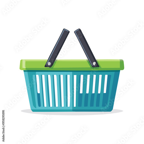 Blue and green shopping basket with black handles for groceries