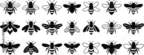 Bee silhouettes diverse set honeybee bumblebee hornet wasp bug isolated transparent background insect vector illustration