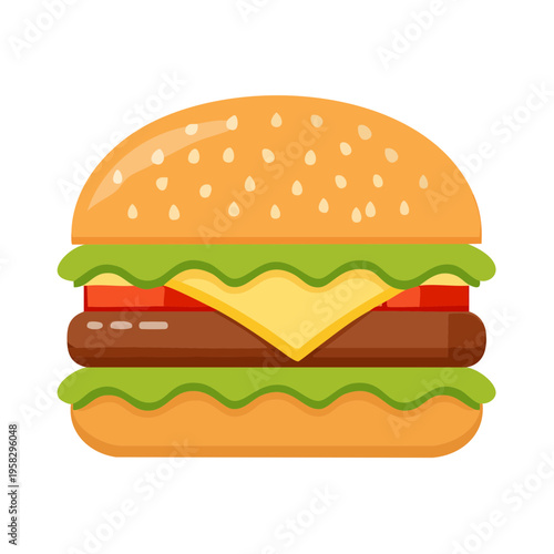 Flat design illustration of a classic cheeseburger with lettuce tomato and sesame seed bun