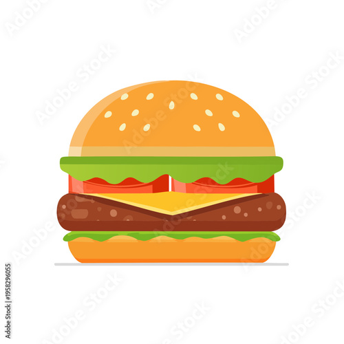 Stylized Cheeseburger Illustration with Fresh Toppings and Sesame Seed Bun