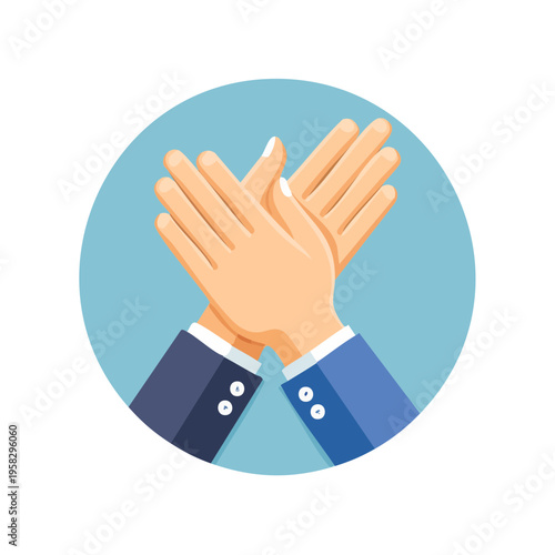 Two hands wearing suits clapping together in appreciation against a blue circular background