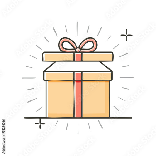 Open Gift Box with Ribbon and Rays Illustration Festive Surprise and Celebration