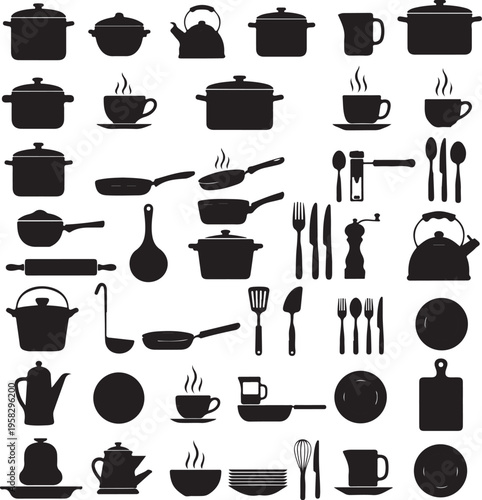 Kitchen utensils cooking accessories silhouette set