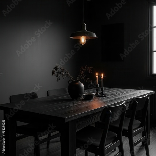 Dimly Lit Dining Room With Rustic Table And Candles