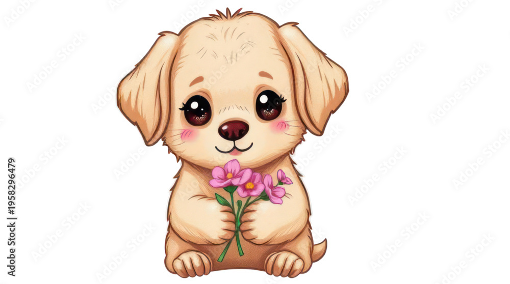 Fototapeta premium Puppy Illustration with Cute Golden Retriever Dog Holding Pink Flowers