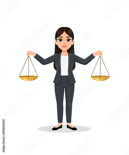 Professional female lawyer in business suit holding the golden scales of justice symbol representing fairness