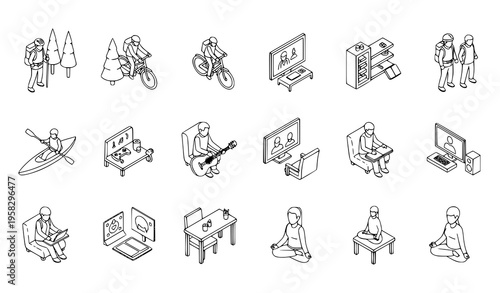 Isometric leisure activities icons lifestyle entertainment vector illustration set