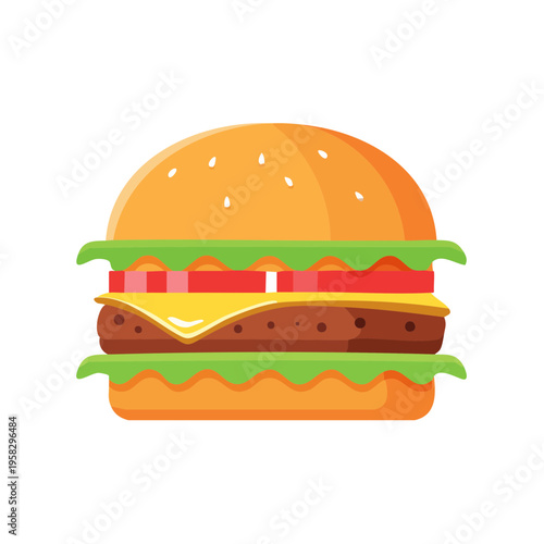 Stylized burger illustration with lettuce tomato cheese and bun