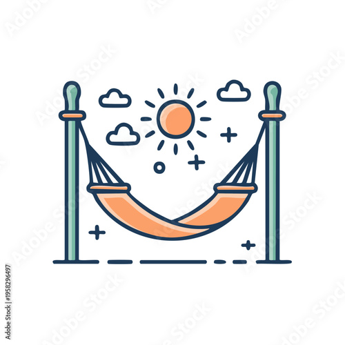 Vector illustration of a vibrant orange hammock under a cheerful sun and clouds