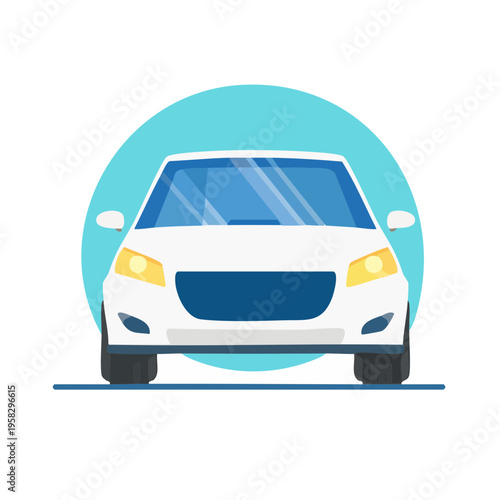 Modern white sedan car with blue interior and headlights viewed from the front