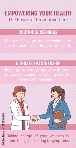 Informational flyer about women's health empowerment through routine screenings and building a trusted partnership with a physician for long-term wellness.