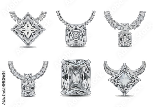 A collection of six dazzling diamond pendants, showcasing intricate geometric designs and brilliant cuts