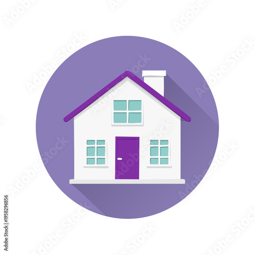Modern illustration of a simple white house with purple roof and door inside a purple circle