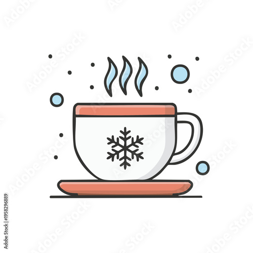 Steaming Winter Beverage with Snowflake Design on a White Cup and Saucer