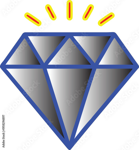 Shiny diamond luxury perfection gem with blue outline and yellow and red glowing sparks colorfull vector symbol