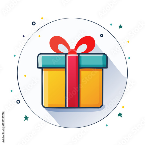 Stylized yellow gift box with red ribbon and blue lid inside a white circle with confetti and stars