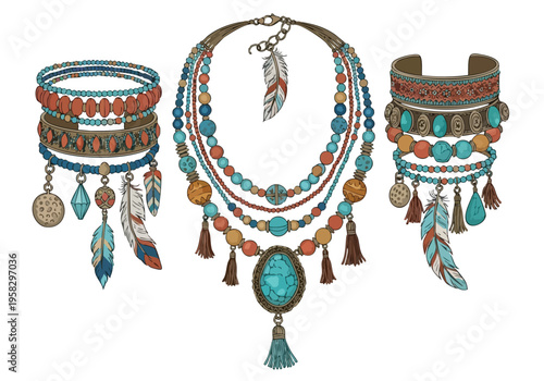Bohemian-inspired jewelry with feathers and beads, featuring necklaces and bracelets, embodying a free-spirited aesthetic