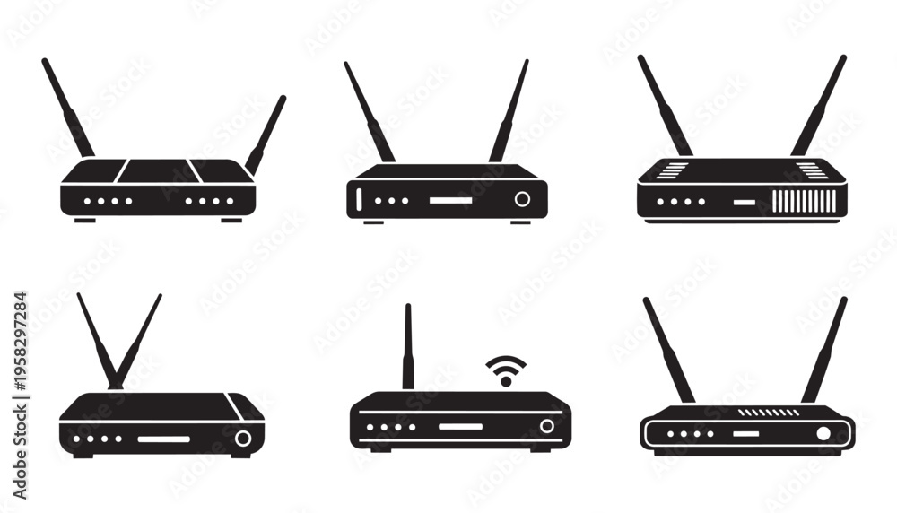 Fototapeta premium Set of wireless router vector illustration symbols for internet network and technology connection