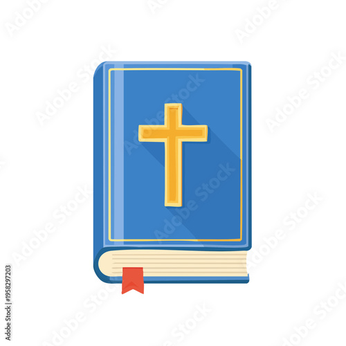 Blue Bible with Golden Cross and Ribbon Bookmark Religious Symbol Illustration