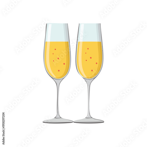 Two elegant champagne flutes filled with golden bubbly liquid and small red bubbles