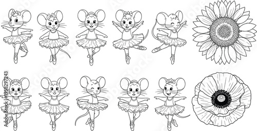 Cartoon ballerina mice dancing in tutus line drawing with sunflower poppy flowers creative black and white illustration for kids coloring pages education projects and artwork