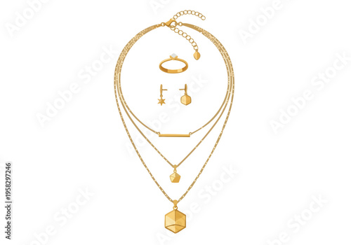 Chic layered gold necklace with matching earrings and ring, exquisite minimalist jewelry set