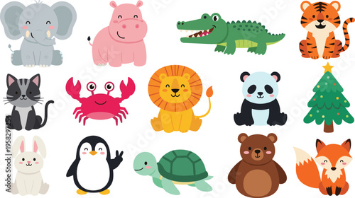 Cartoon animals collection with elephant tiger lion panda rabbit fox bear cat crocodile penguin turtle crab hippopotamus and Christmas tree playful kids illustration artwork