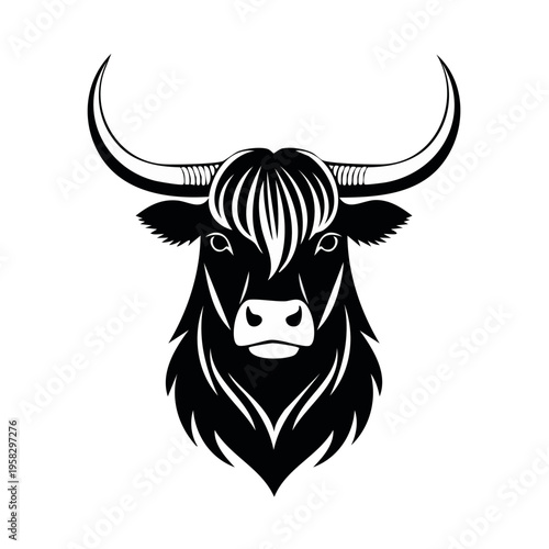 Black and white illustration of a stylized bull's head with long horns and shaggy fur