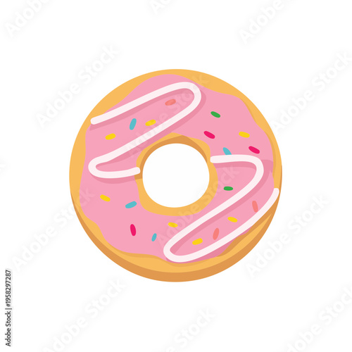 Sweet pink frosted donut with colorful sprinkles and white icing drizzle