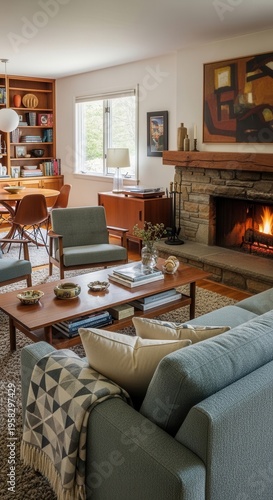 Cozy Mid Century Modern Living Room With Fireplace