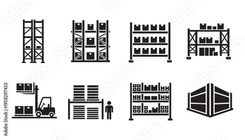 Warehouse storage shelves and logistics equipment vector illustration icons for industrial transport