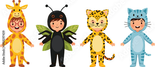 Cartoon children wearing animal costumes giraffe leopard cat insect creative colorful outfits playful design cute characters illustration for kids projects Halloween party and artwork