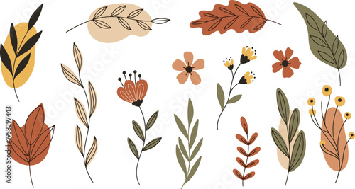 Boho botanical leaf and floral vector set with abstract shapes, earthy tones, modern plant elements and decorative nature illustrations
