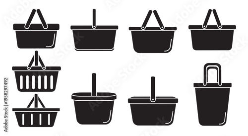 Set of isolated vector illustration black silhouette shopping baskets with handles on transparent background