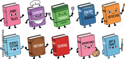 Cartoon illustrated books with faces representing different genres literature education fairy tales cooking poetry romance detective science fiction history school adventures art craft