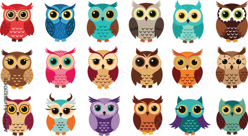 Cartoon owl characters collection with diverse colors patterns facial expressions playful design cute birds illustration for kids projects education decorative artwork and creative concepts