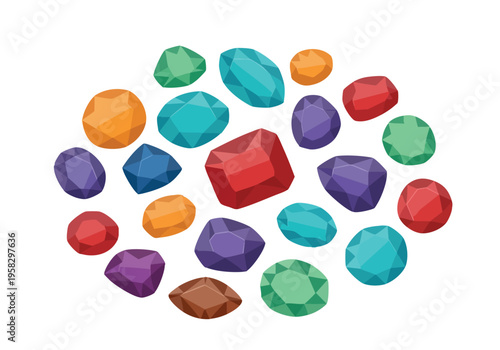 A vibrant collection of colorful gemstones, polished and faceted, scattered in a pleasing arrangement on a white background