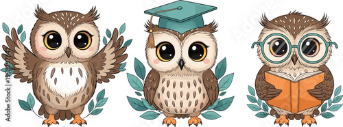 Cartoon owl characters with graduation cap glasses book playful design symbolizing wisdom education learning cute animal illustration for kids projects school and creative artwork