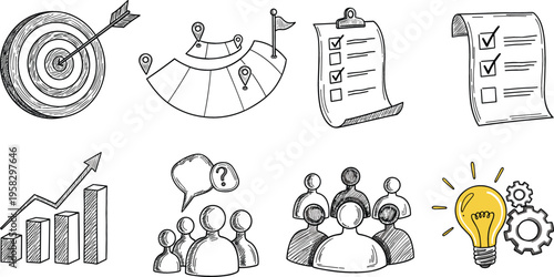 Business strategy and planning vector set with target, growth chart, checklist, teamwork, idea light bulb and roadmap concept illustrations
