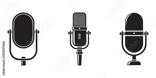 Microphone set vector illustration, professional audio recording equipment on transparent background.