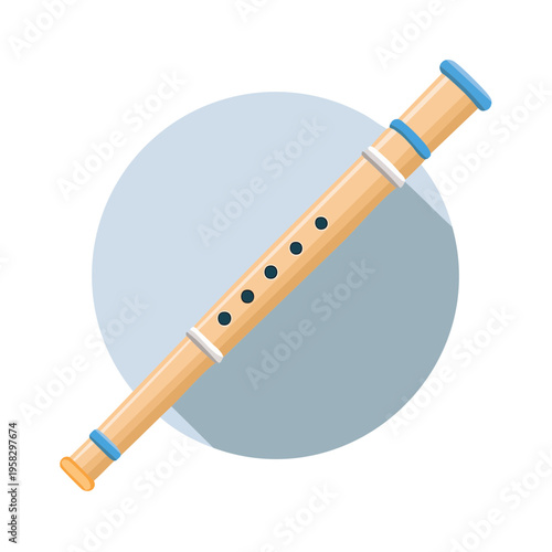 Wooden recorder musical instrument with finger holes and blue accents isolated on a light blue circle background