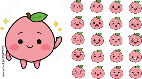 Cartoon peach characters with different facial expressions emotions cute fruit illustration playful design for kids projects stickers emojis creative artwork and visual storytelling