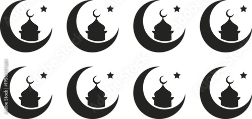 Islamic crescent moon mosque dome star vector icons ramadan eid celebration design minimal outline illustration