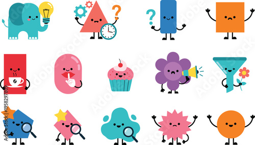 Colorful cartoon characters with unique shapes expressions emotions playful anthropomorphic design creative abstract illustration for children education 