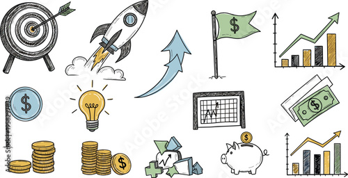 Business growth and financial success vector set with rocket launch, target, money, charts, piggy bank and investment strategy illustrations